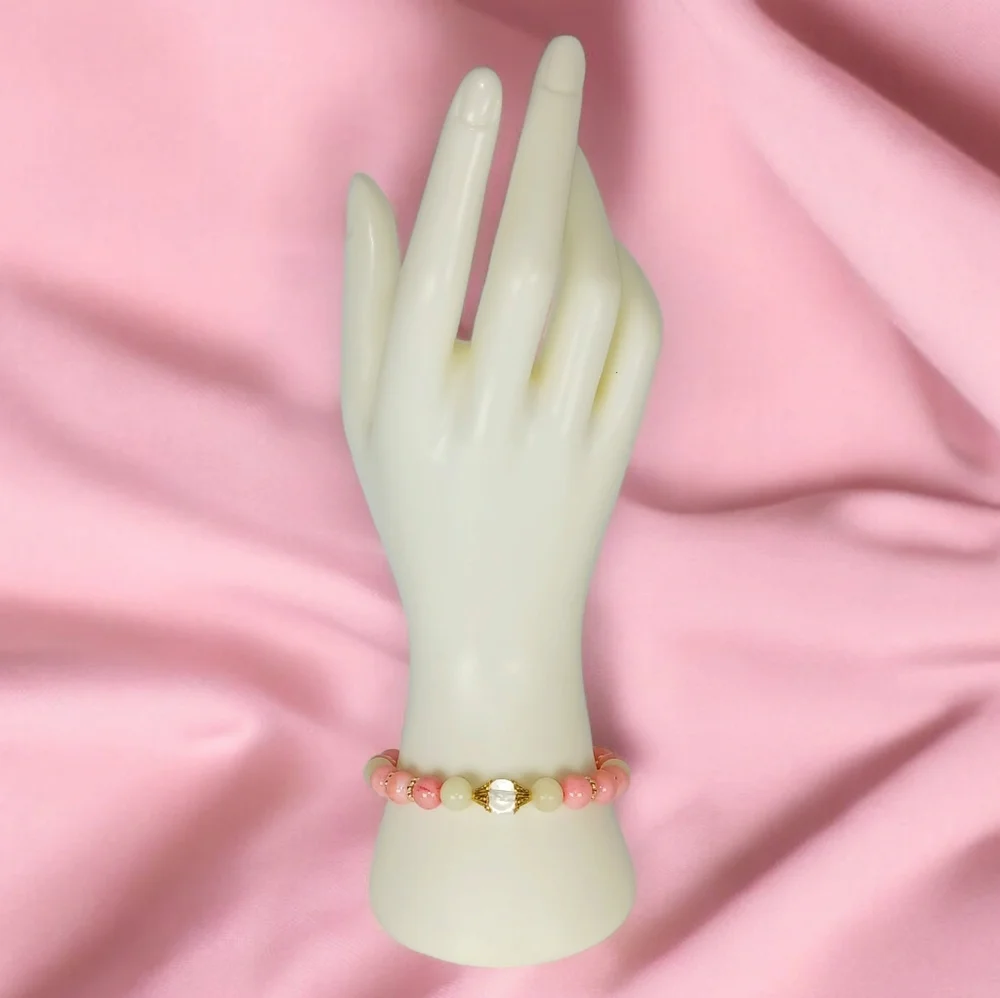 Peach Pink Mountain Jade Green Beryl & Clear Quartz Crystal Bracelet New Preppy